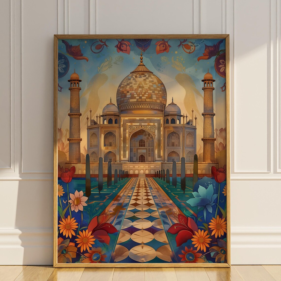 Taj Mahal Colorful Mosaic Illustration Floral Travel Art Poster