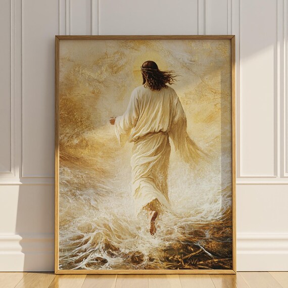 Jesus Striding through Golden Ocean Waves with Glowing Halo Art Poster