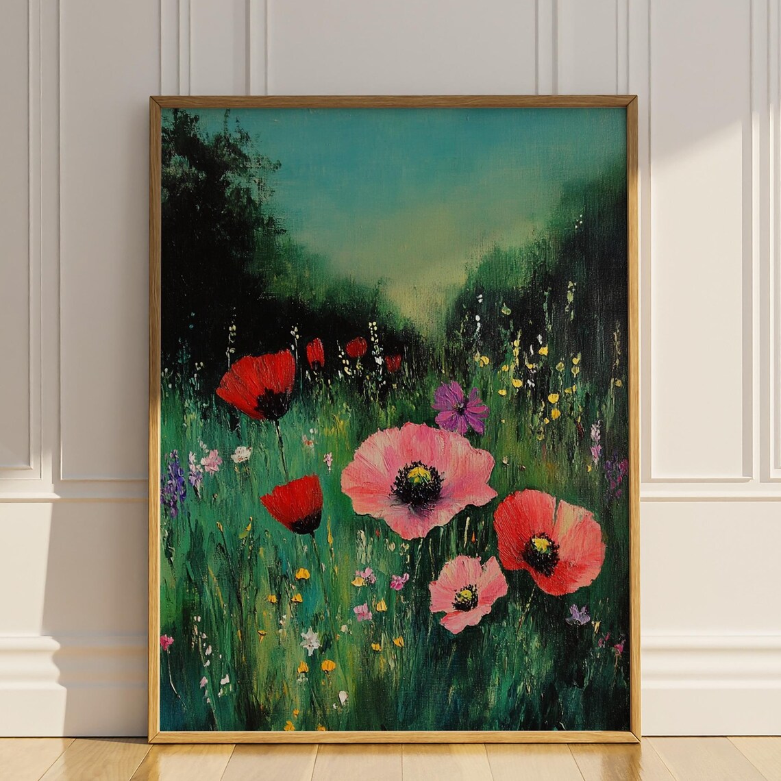 Red and Pink Poppy Meadow Wildflower Oil Painting Lush Green Poster