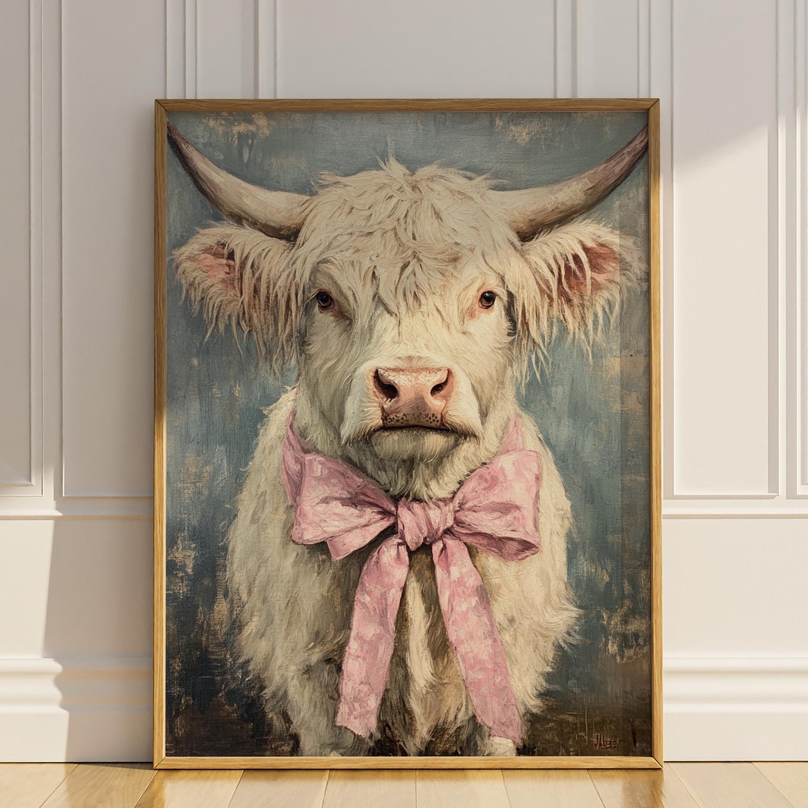 Highland Cow Coquette Bow Poster Print Vintage Oil Painting Wall Art Farmhouse Ranch Wall Decor Cute Farm Animal Nursery Kids Matte Poster