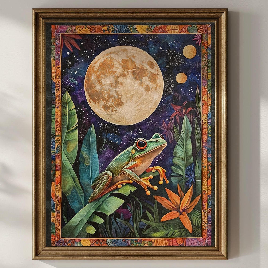 Red Eyed Tree Frog Full Moon Jungle Celestial Art Deco Animal Poster