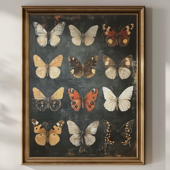 Twelve Butterflies Specimen Grid Dark Academia Vintage Insect Art Poster