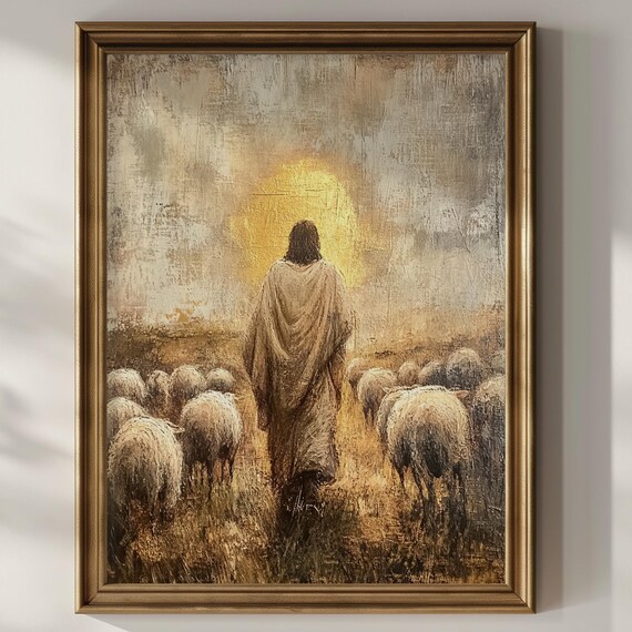 Jesus Christ Leading Sheep Flock Golden Field Impressionist Faith Poster