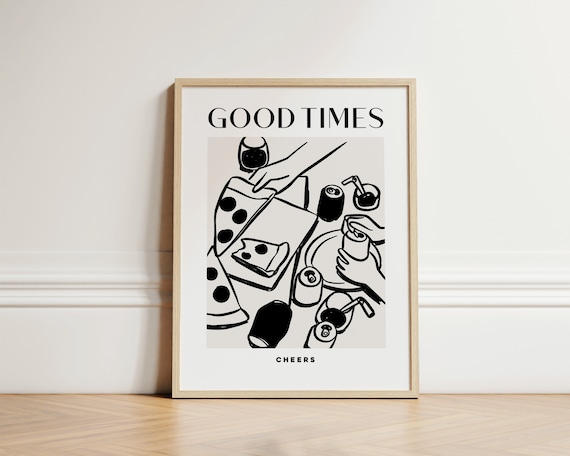 Good Times Cheers Pizza And Drinks Line Art Kitchen Decor Poster