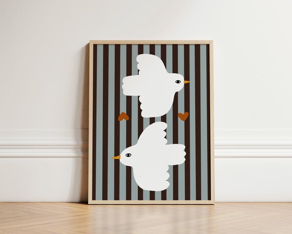Sweet White Doves Blue Stripes Hearts Nursery Kids Room Poster