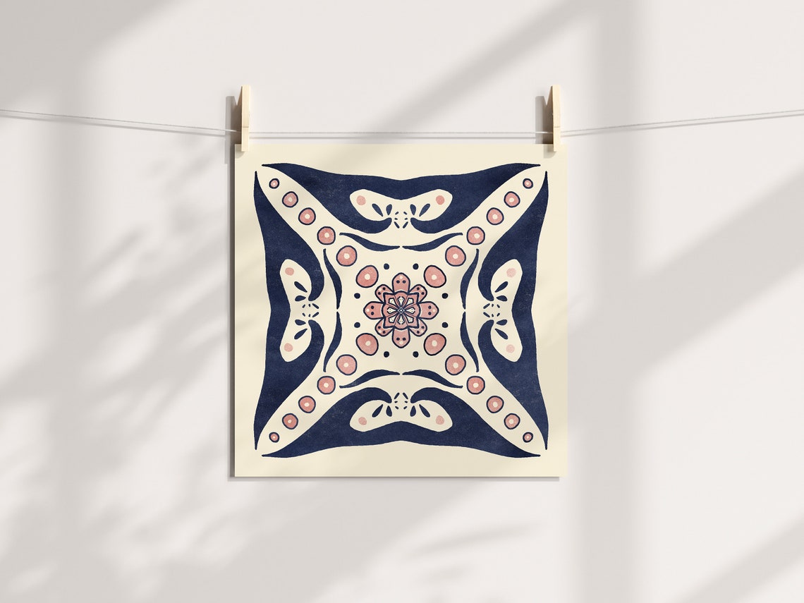 Split Peaks Tile No 11 Navy Terracotta Wave Mandala Pattern Art Poster - Image 2
