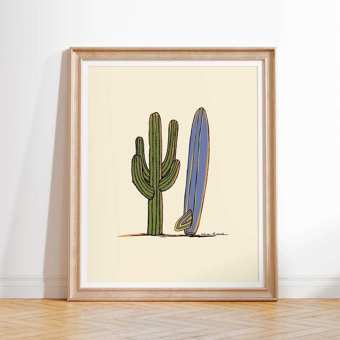 Saguaro Cactus and Blue Surfboard Desert Surf Minimalist Art Poster - Image 2