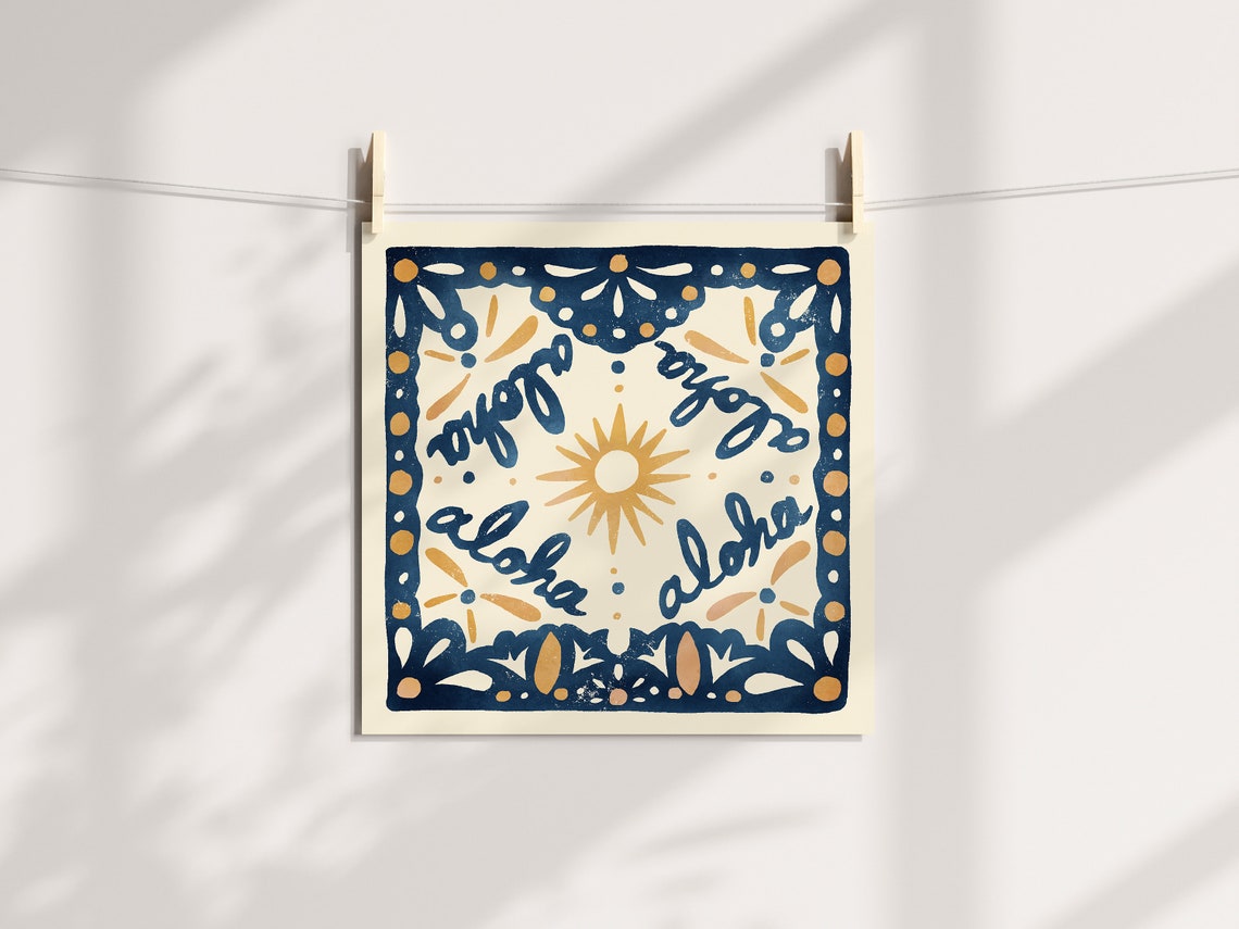 Aloha Script Talavera Tile Sunburst Navy Blue Island Art Poster - Image 2