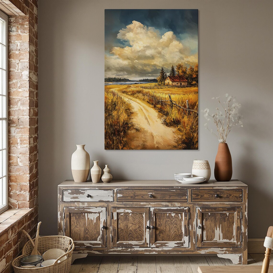 Rustic Barn at the End of a Golden Autumn Country Road Poster