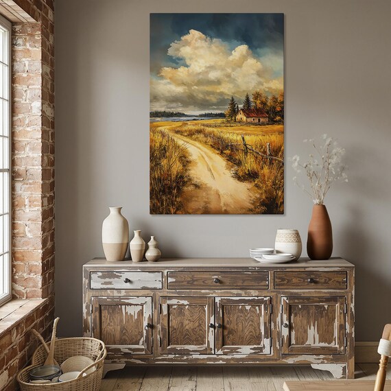 Rustic Barn at the End of a Golden Autumn Country Road Poster