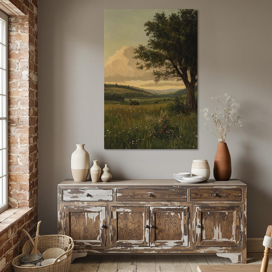 Rustic Countryside Meadow Old Tree Peaceful Landscape Art Print