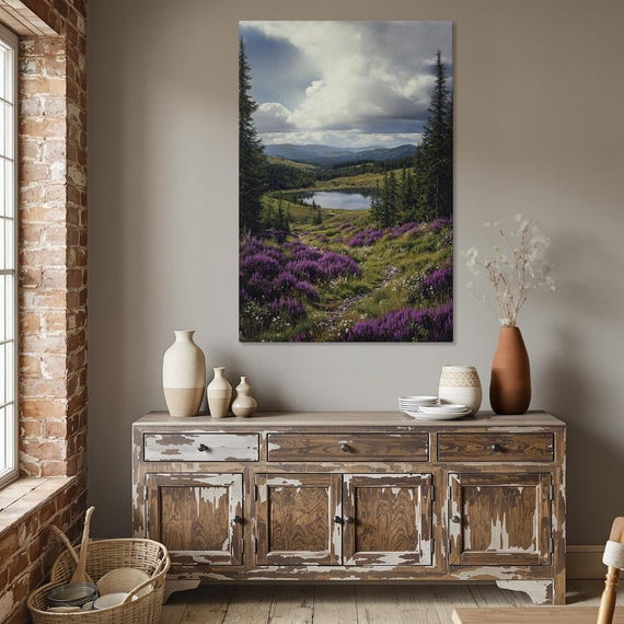 Rustic Country Landscape Framed Canvas Print Vibrant Nature Art With Mountain Forest Lake View Outdoor Scenery Cabin Decor