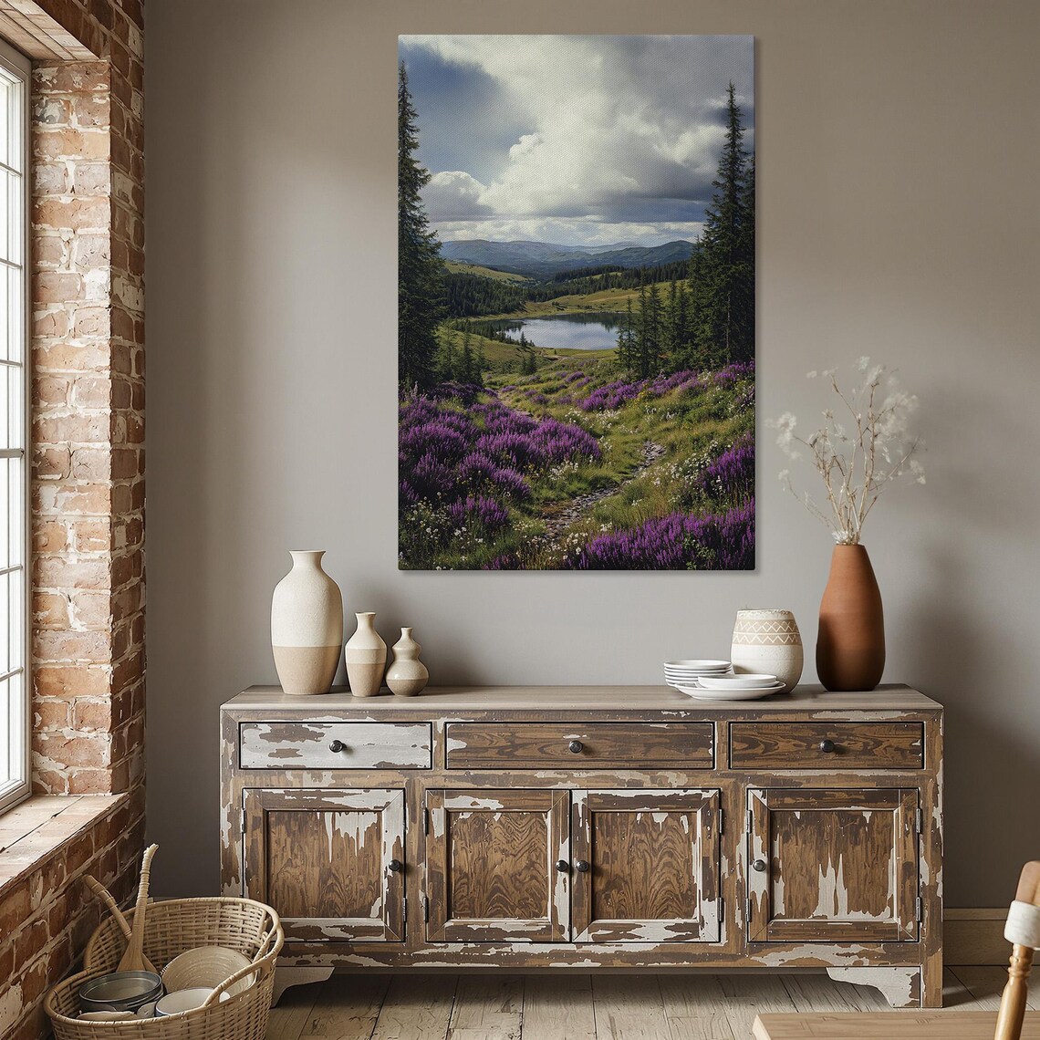 Purple Heather Mountain Lake Evergreen Pine Forest Landscape Poster