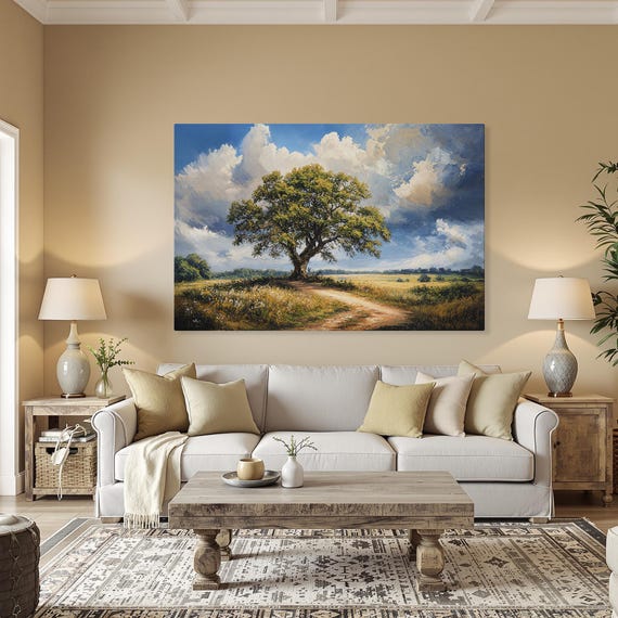 Beautiful Oak Tree In Countryside Landscape Rustic Framed Canvas Print Serene Decor Tranquil Scenic Wall Art Ready To Hang