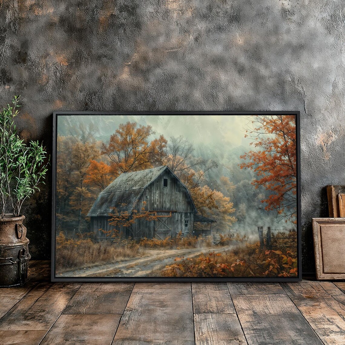 Rustic Old Barn Misty Autumn Landscape Art Print - Image 5