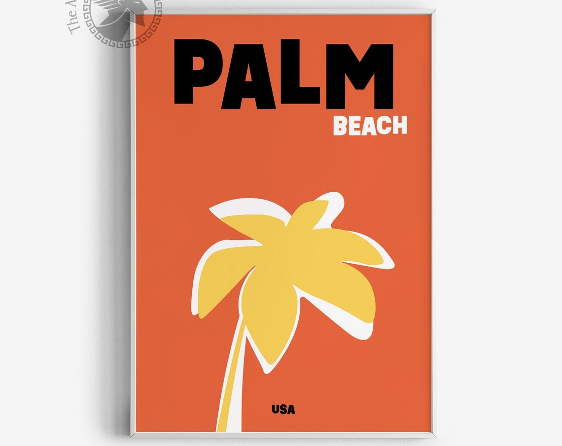 Palm Beach USA Yellow Palm Tree Terracotta Modern Retro Travel Poster