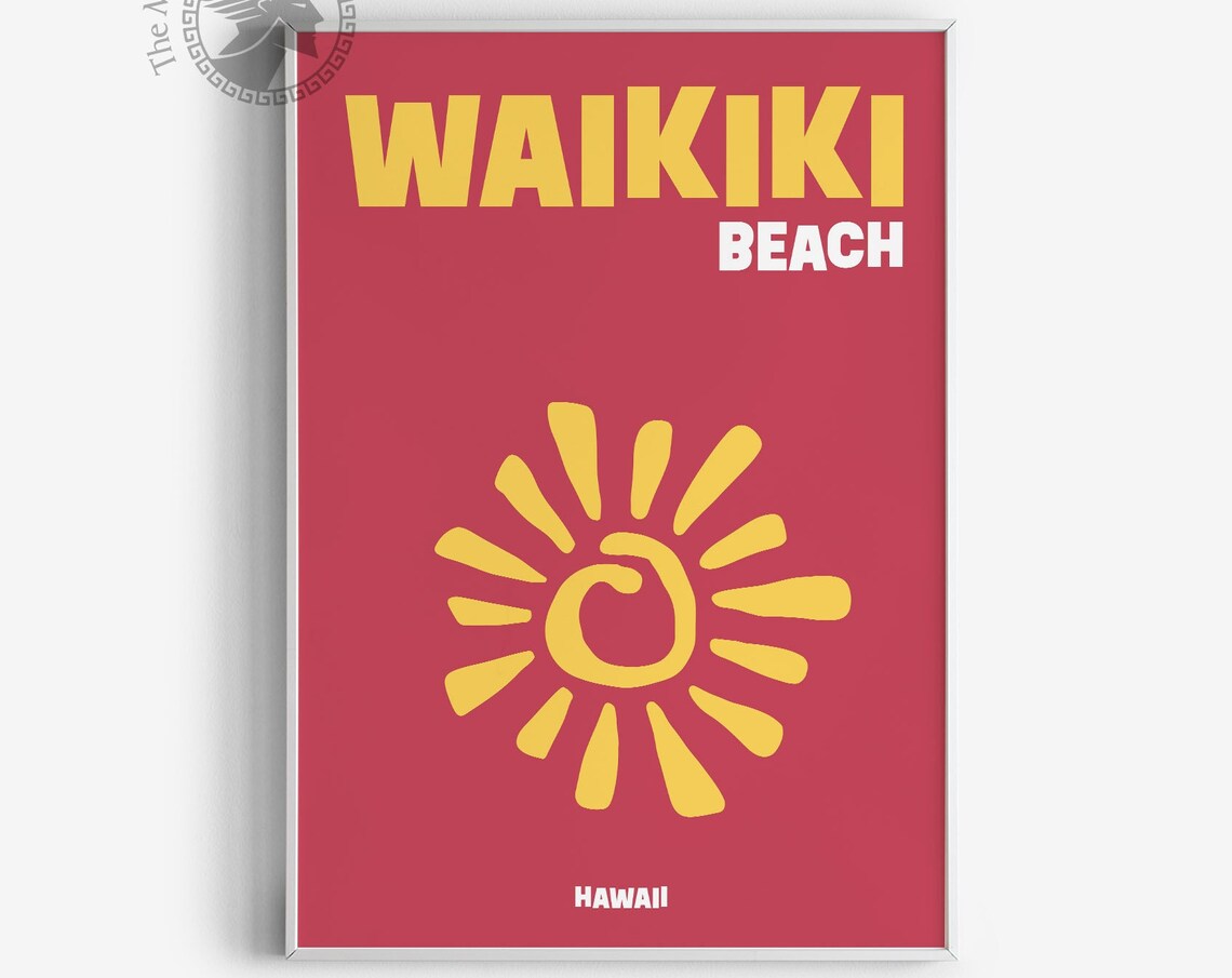 Waikiki Beach Hawaii Yellow Sun Retro Red Modern Travel Poster Print
