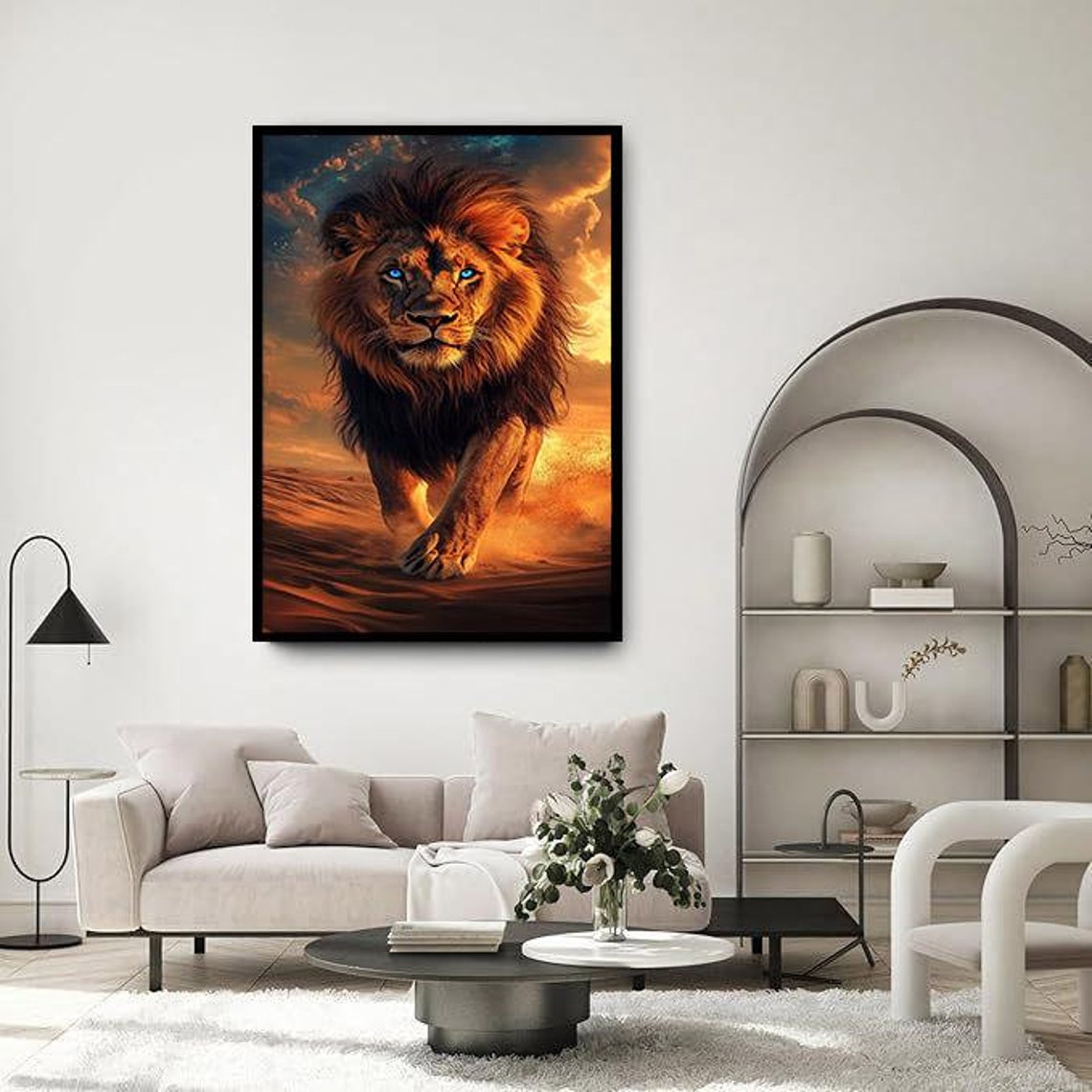 Blue Eyed Lion Walking Fiery Sunset Dramatic Wildlife Wall Art Poster