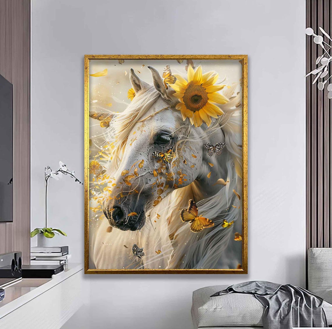 White Horse Sunflowers Butterflies Dreamy Elegant Equine Art Poster