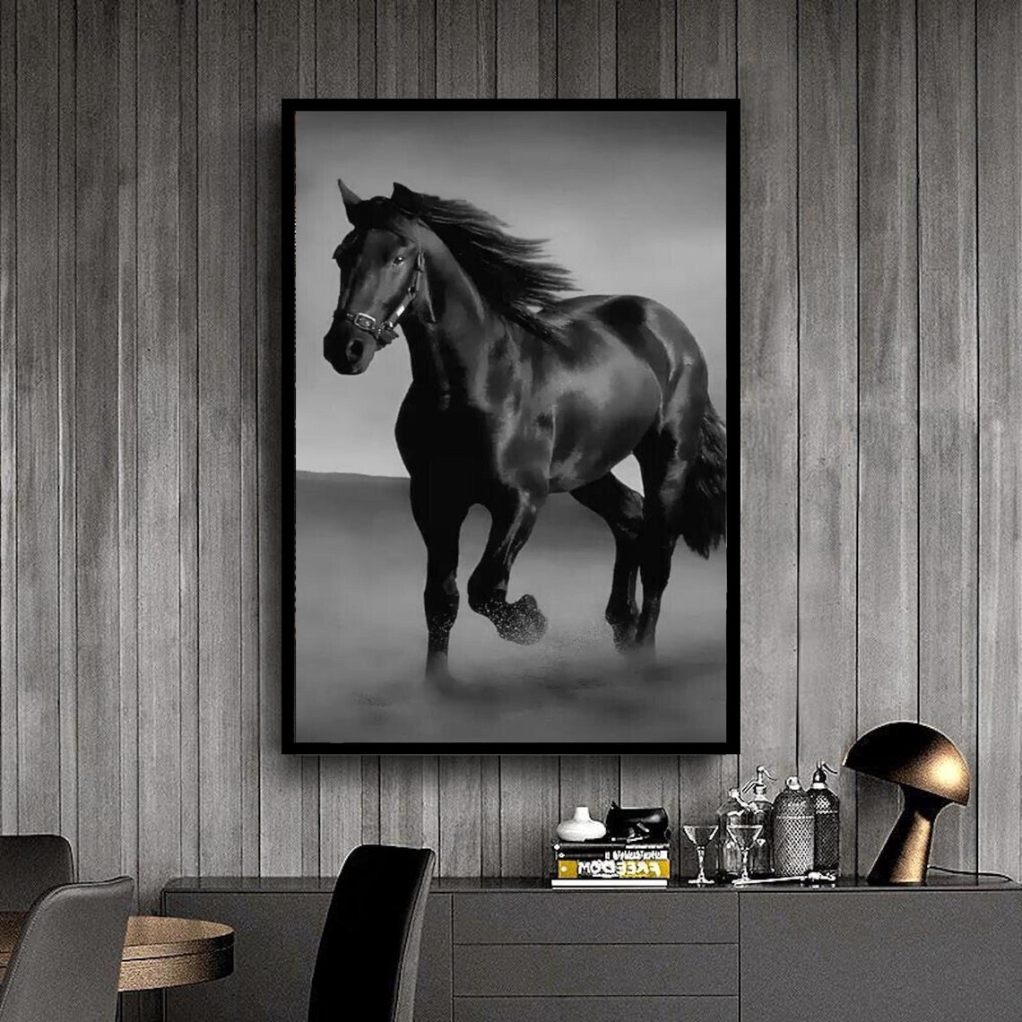 Black Horse Galloping Monochrome Equine Dynamic Black White Print