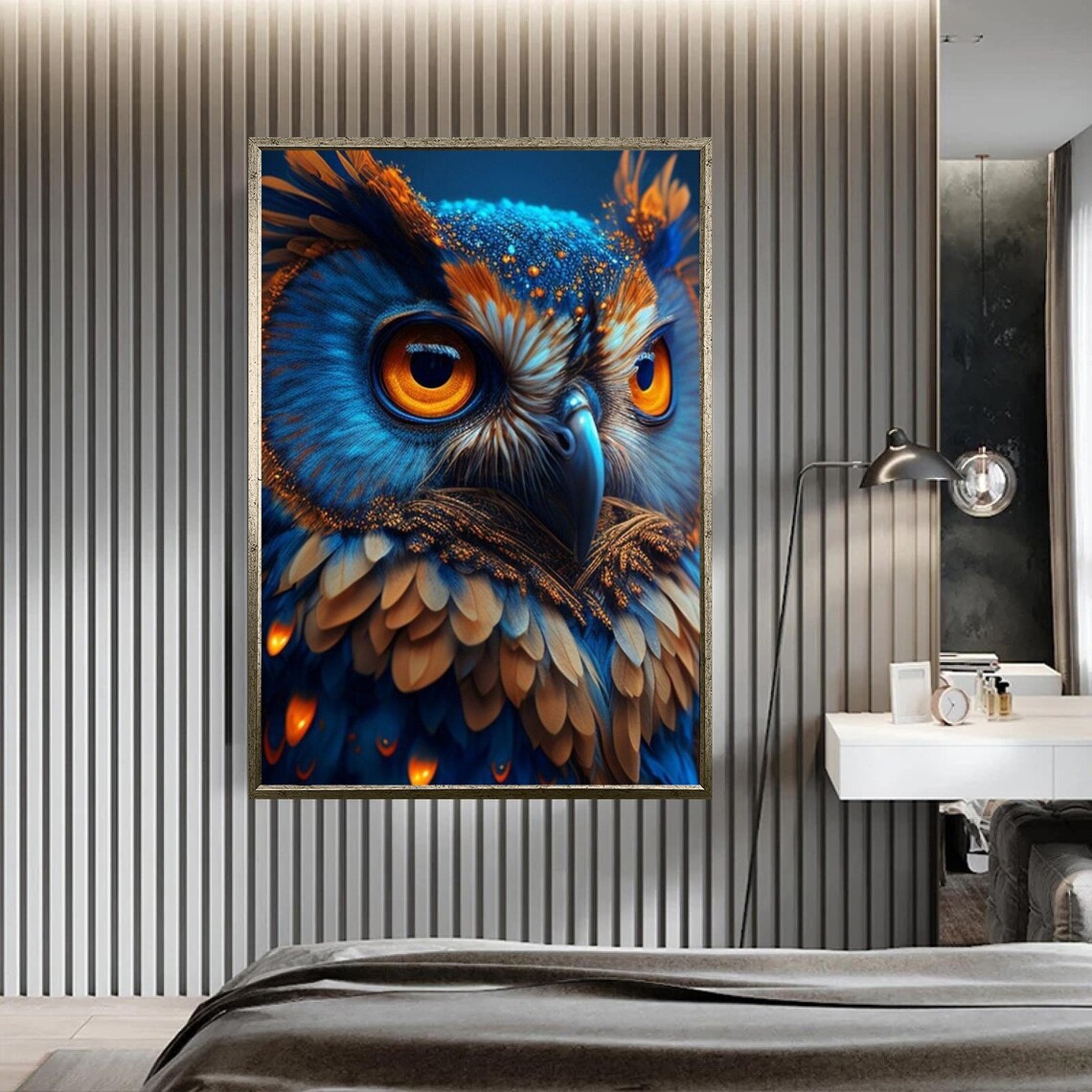 Blue Owl Portrait Orange Eyes Fractal Feathers Wildlife Wall Poster