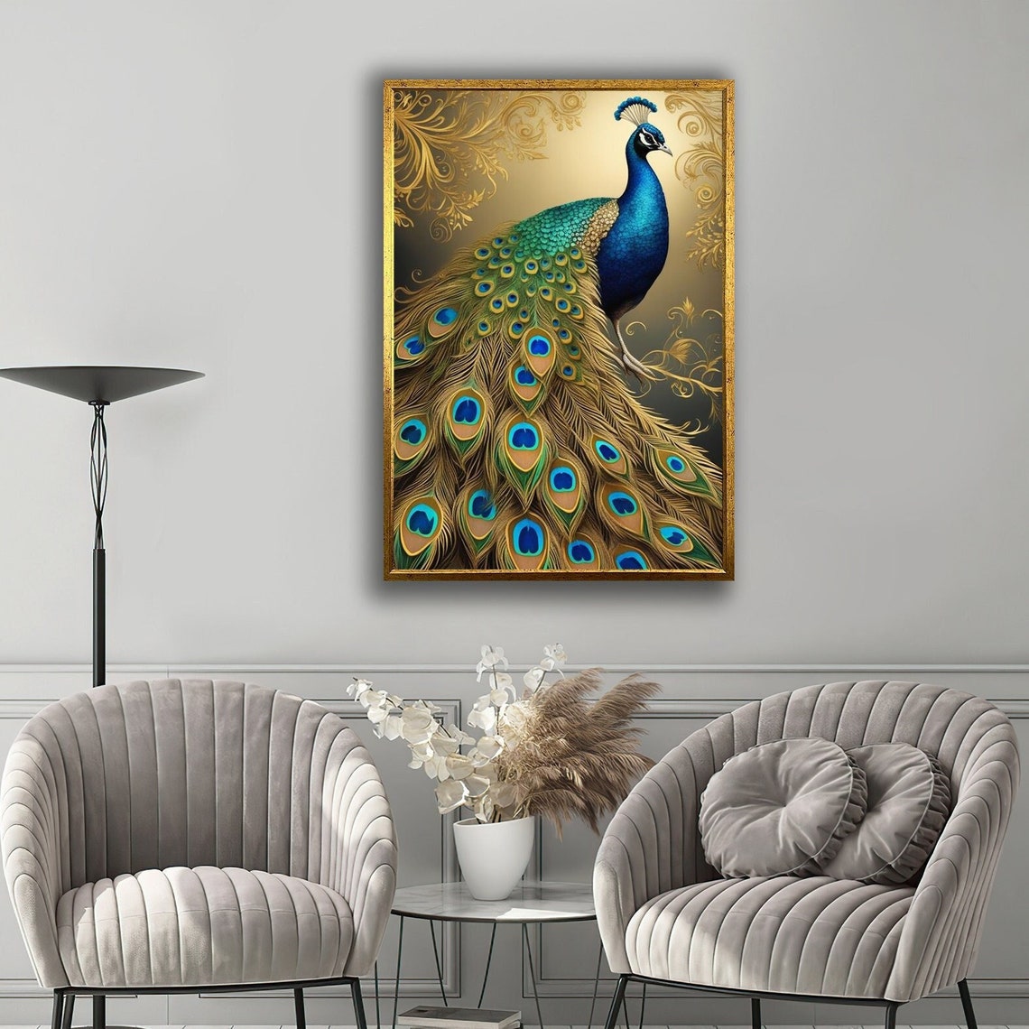 Golden Peacock Full Feather Display Ornate Luxury Bird Art Poster