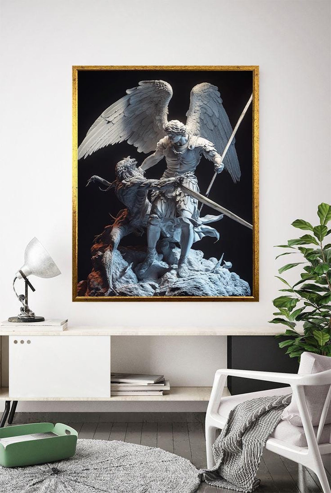 Saint Michael Archangel Slaying Demon Marble Statue Mythology Poster