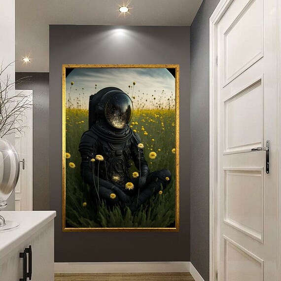 Astronaut In Flower Meadow Helmet Reflecting City Lights Surreal Space Art Poster