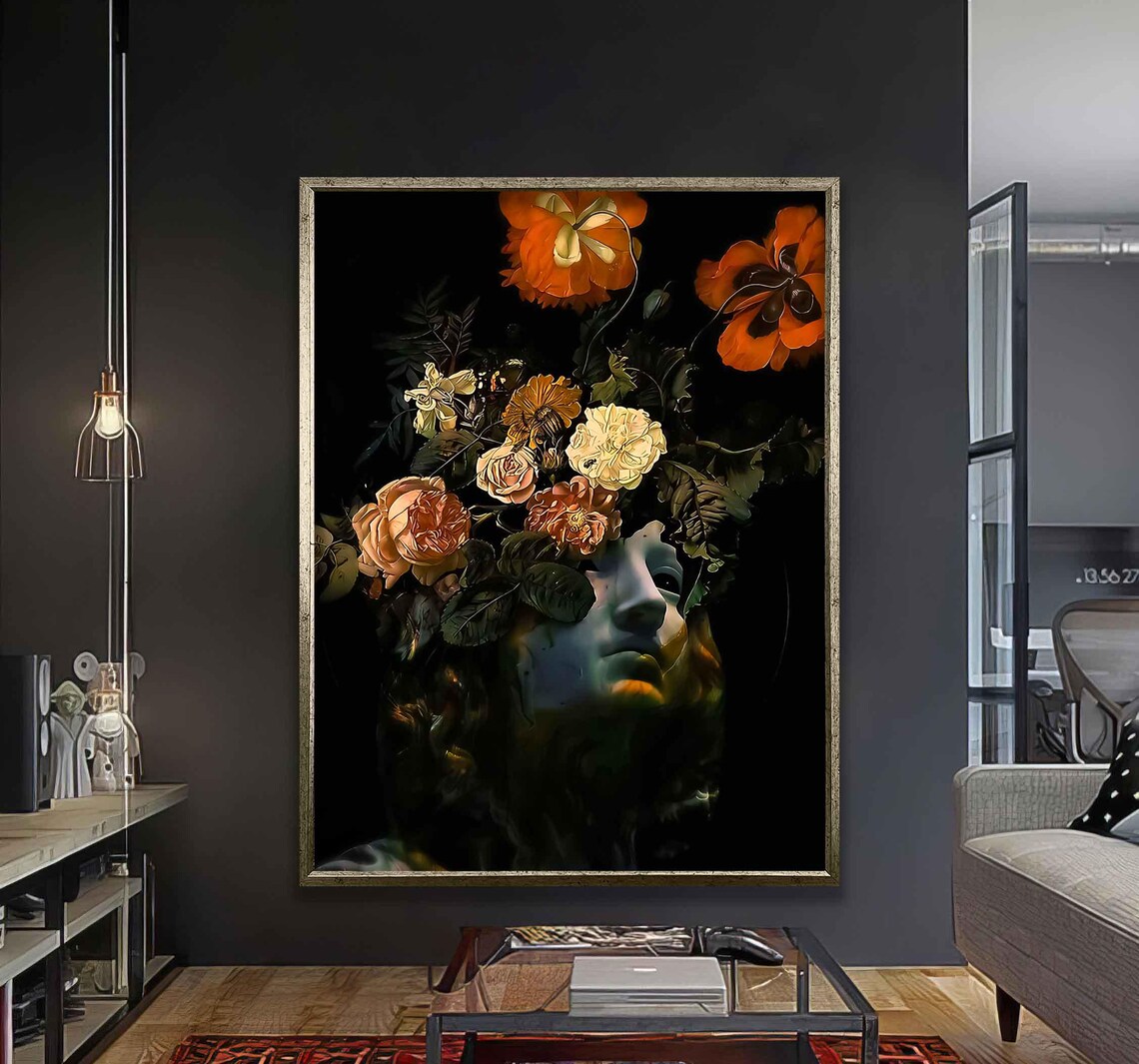 Dark Botanical Floral Statue Face Moody Baroque Style Art Poster