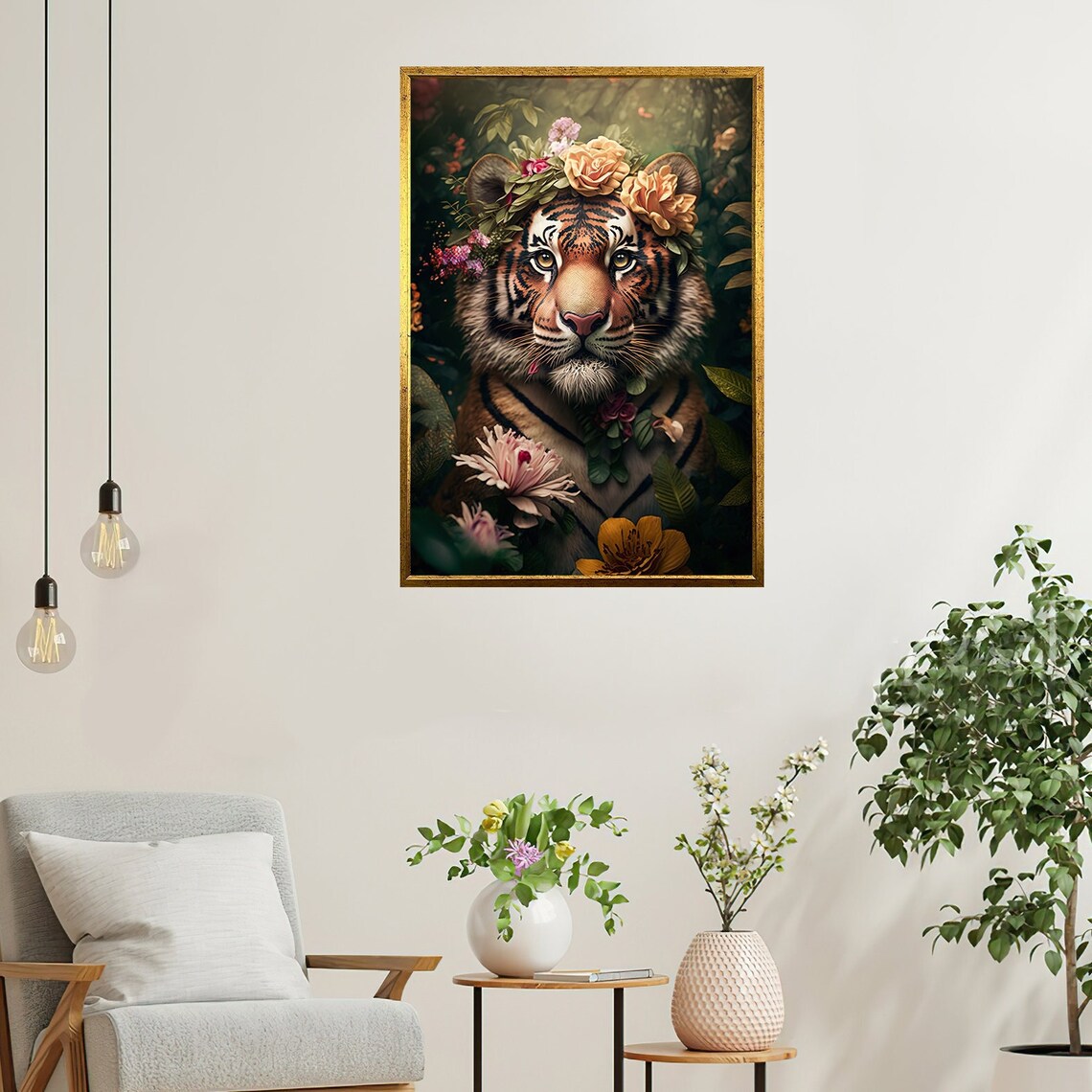 Majestic Tiger Portrait Floral Crown Jungle Flowers Wild Animal Art Poster