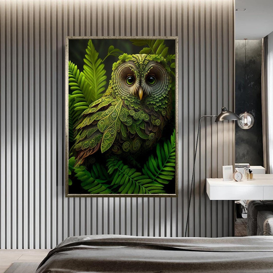 Emerald Owl Fern Forest Intricate Green Bird Wildlife Wall Poster
