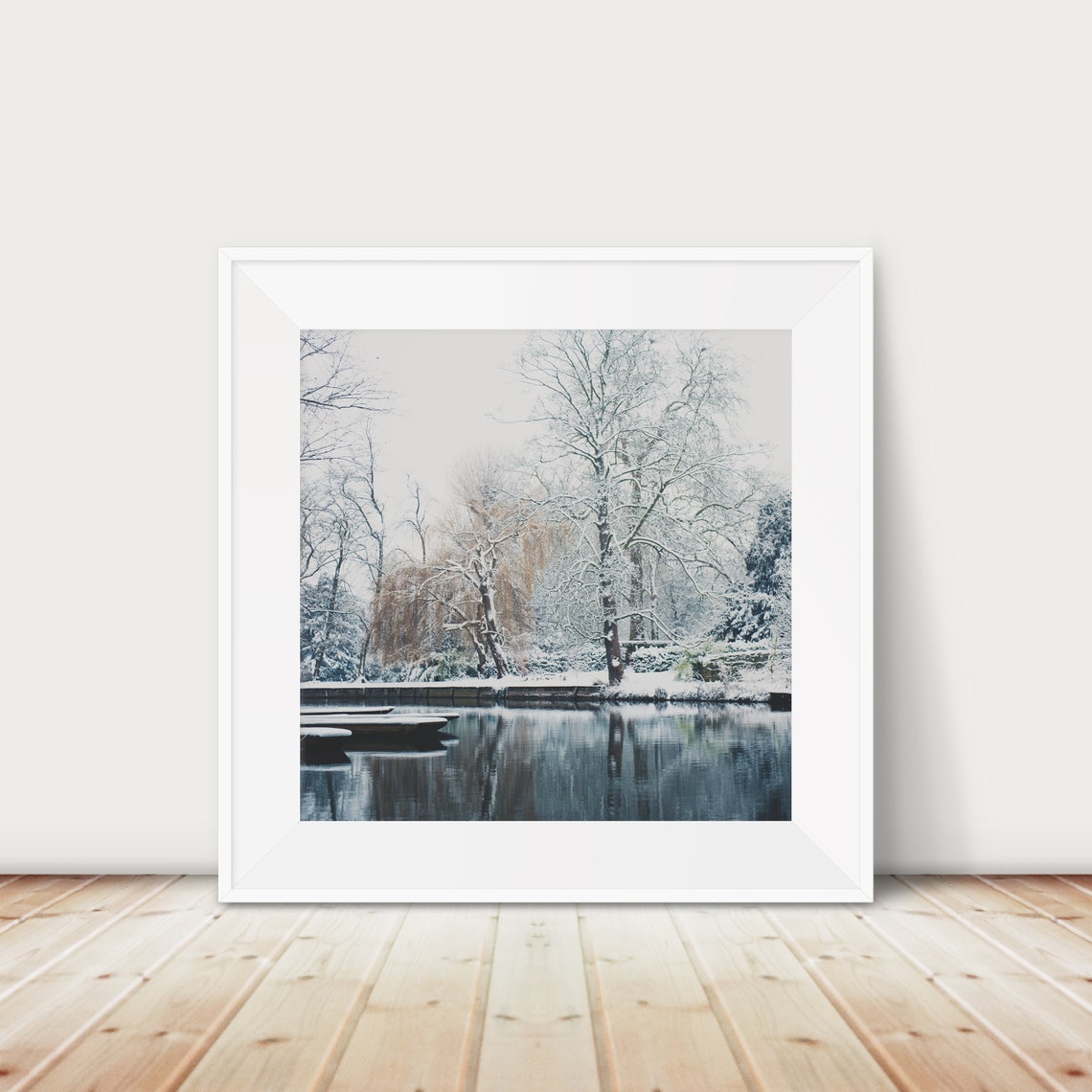 Snowy Winter Cambridge England River Cam With Punts Photo Poster