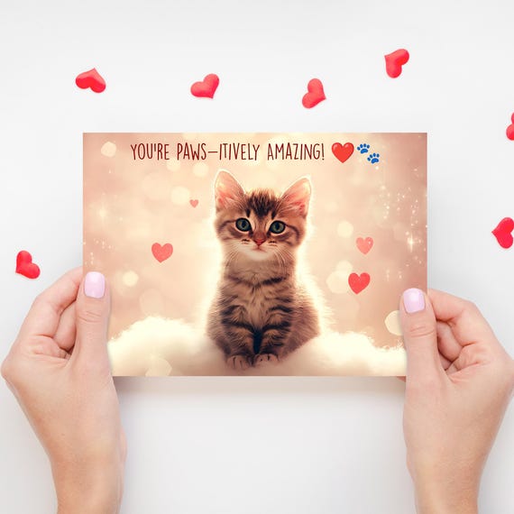 Adorable Kitten Valentines Day Card Cute Art Love Card Editable Canva Design Feline Wall Art For Cat Lovers