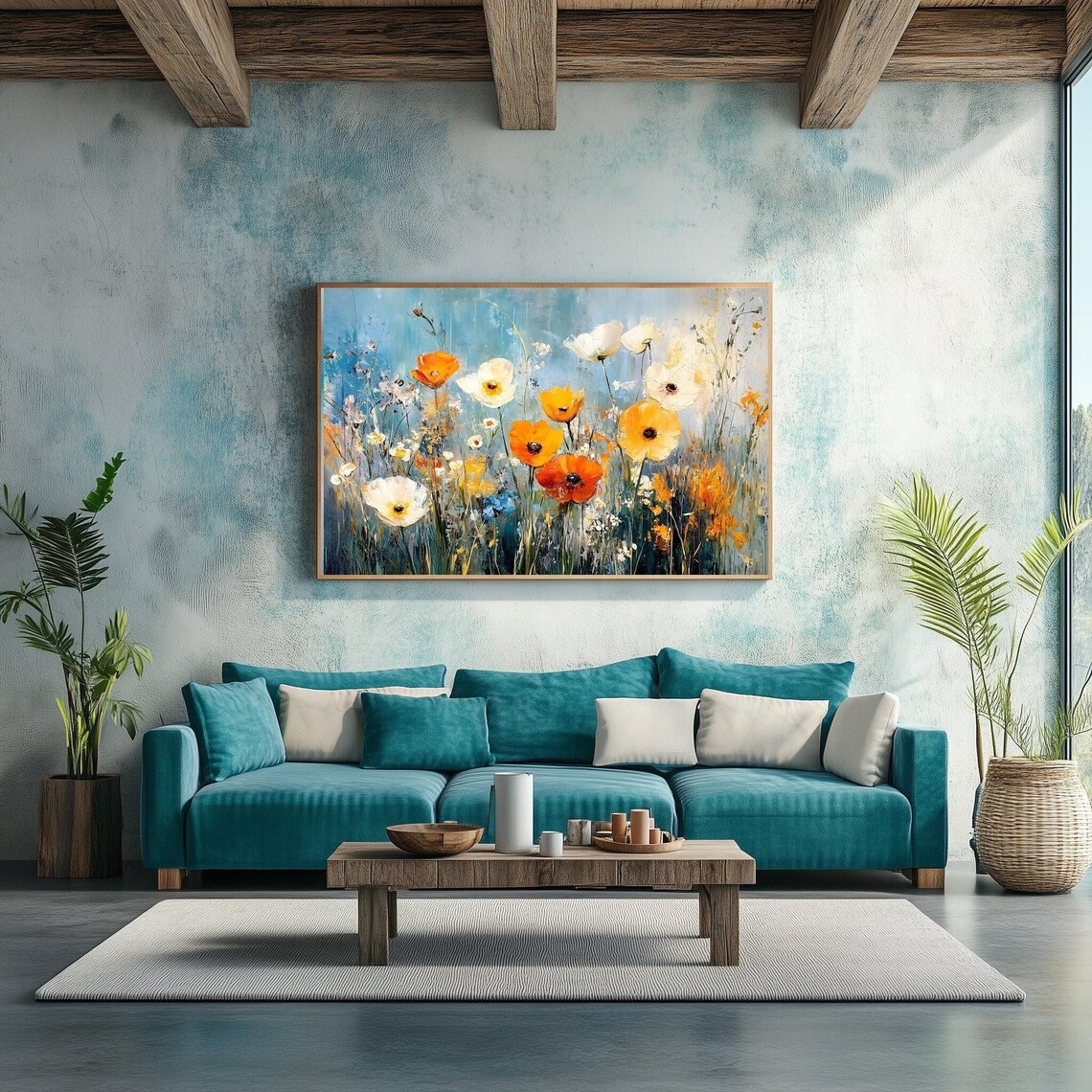 Orange Poppy Wildflower Field Painting Blue Sky Floral Wall Art