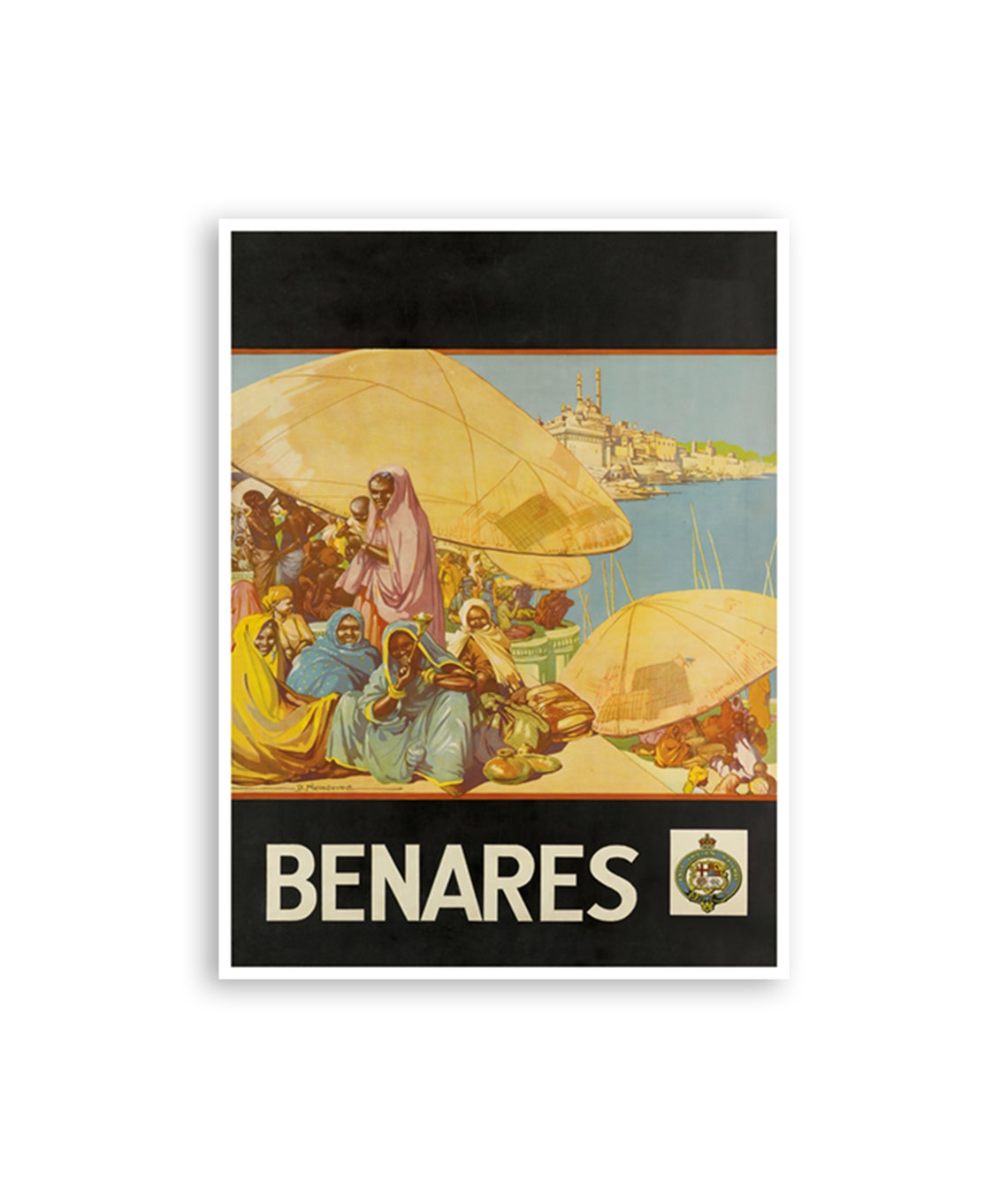 Benares India Ganges Riverside Umbrellas Vintage Travel Poster