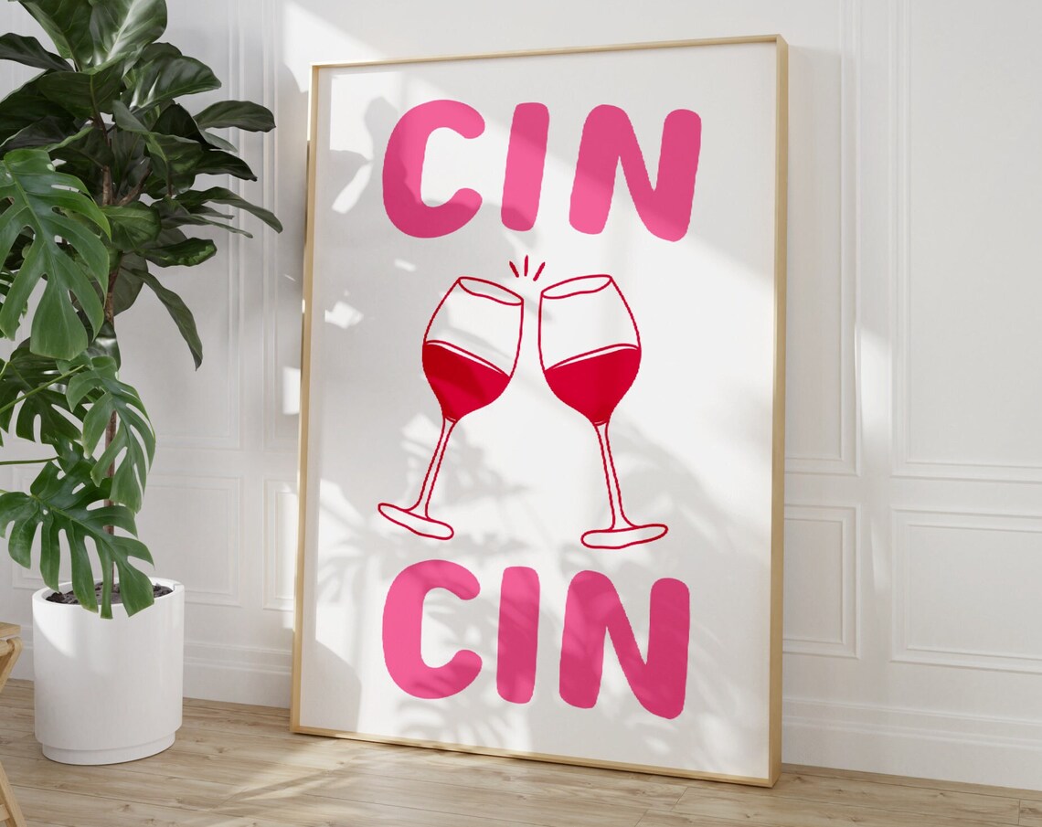 Cin Cin Pink Red Wine Glass Cheers Minimalist Bar Cart Poster - Image 4
