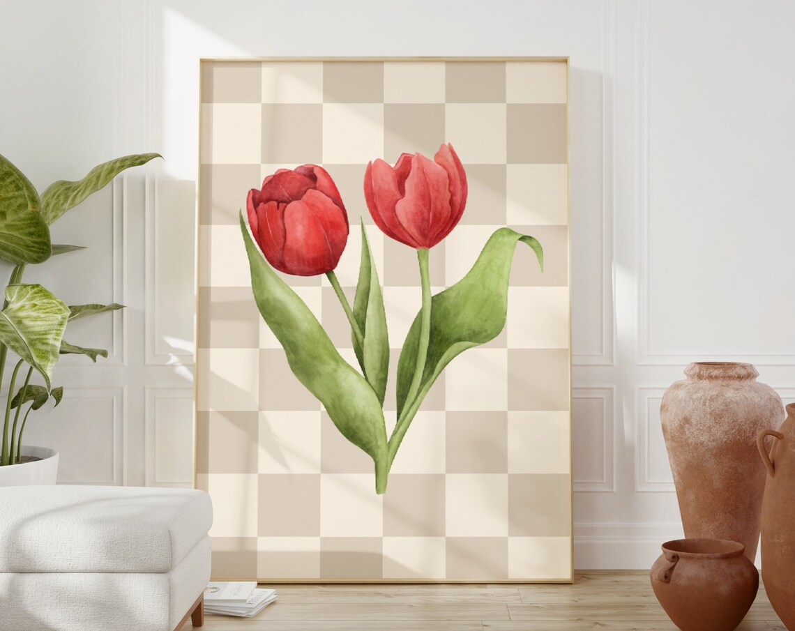 Red Tulips Watercolor on Beige Checkered Floral Art Decor Poster