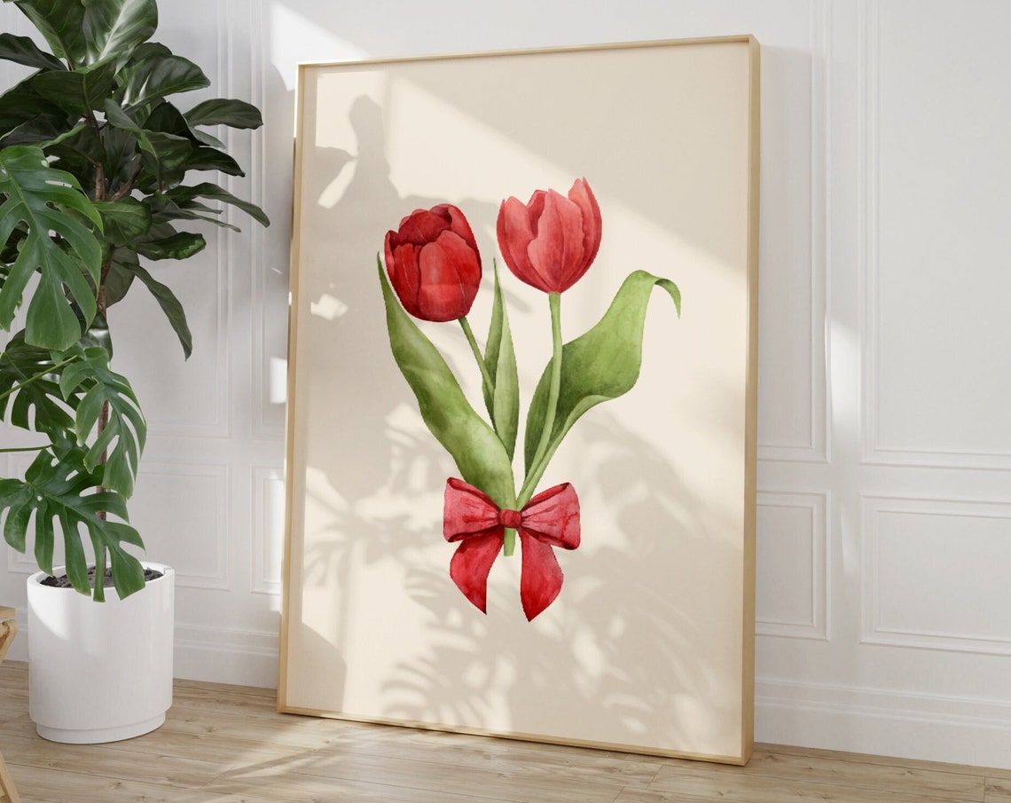Red Tulips Watercolor Bow Coquette Floral Bouquet Cream Art Print