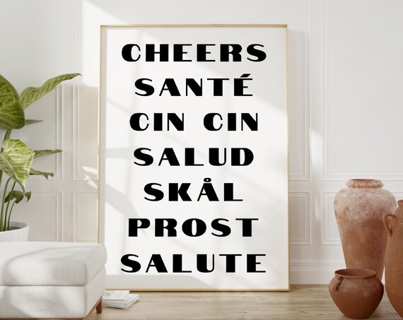 Cheers in Seven Languages Black Typography Bar Cart Art Poster