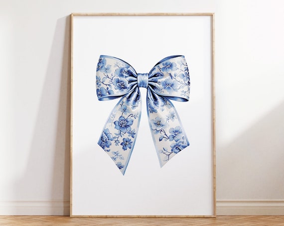 Blue Bow Print Chinoiserie Nursery Print Coquette Room Decor Grandmillenial Wall Art Coastal Grandma Painting Floral Teen Girl Poster