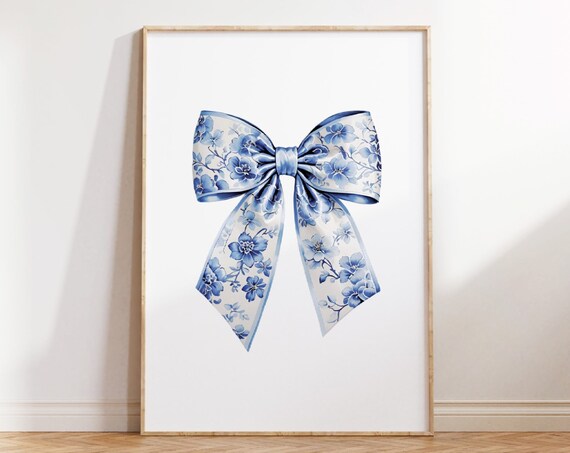 Blue Chinoiserie Floral Bow Coquette Ribbon Elegant Timeless Classic Poster