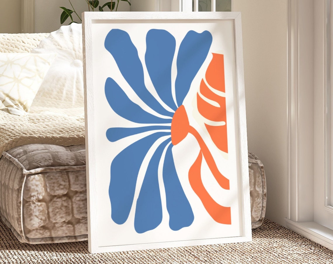 Retro Blue Orange Abstract Flower Mid Century Modern Art Poster