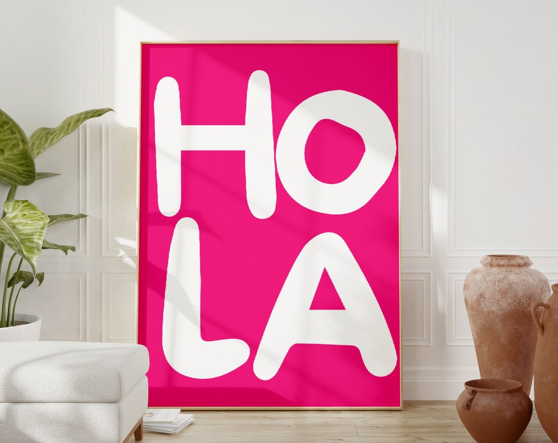 Hola White Bubble Lettering Hot Pink Spanish Bold Statement Poster