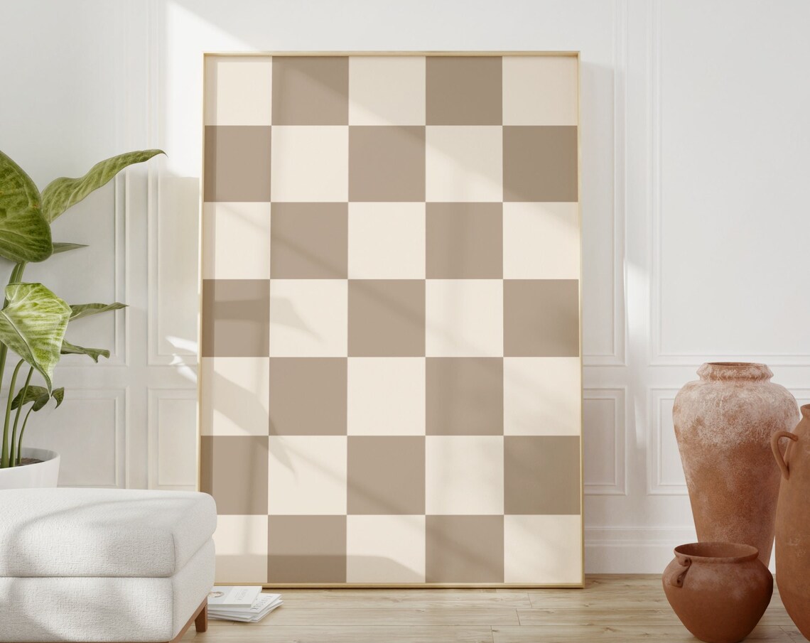 Checkered Wall Art, Retro Beige Checkerboard Poster