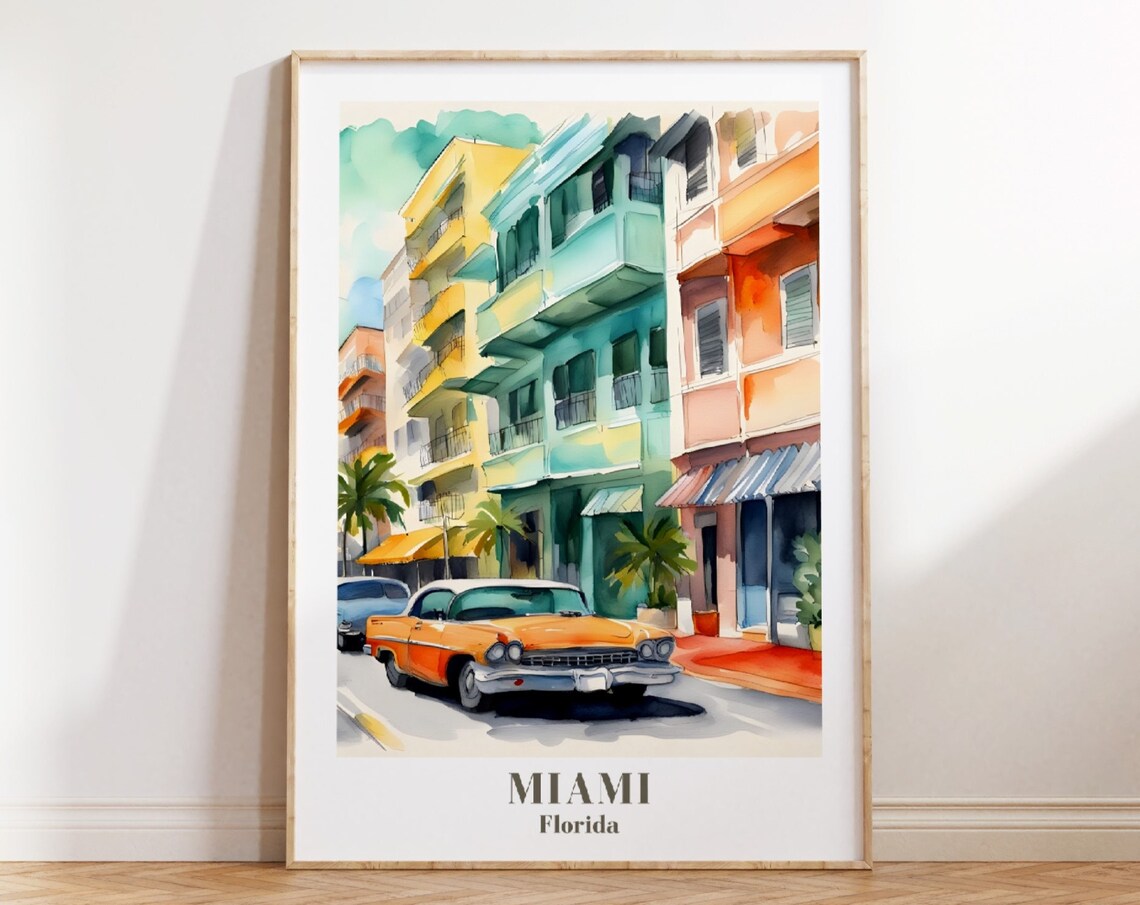 Miami Florida Watercolor Street Scene with Classic Car Travel Poster