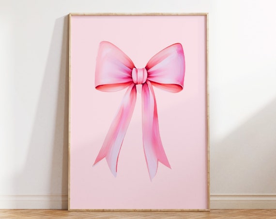 Pink Bow Print Preppy Aesthetic Wall Art Teen Room Decor Watercolor Poster College Apartment Decor Nursery Girly Wall Art Pastel Poster