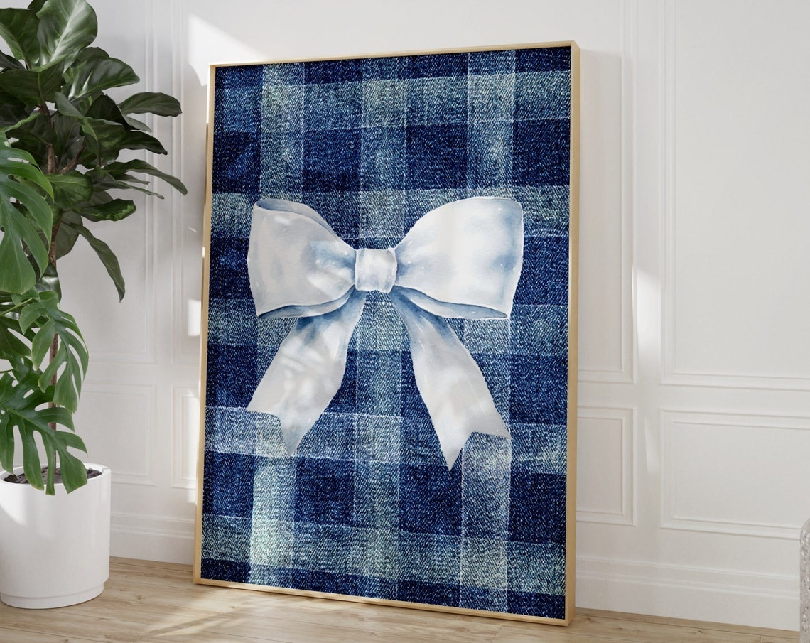 Blue Bow Print Demim Blue Wall Art Denim Prints Western Cowgirl Print Retro Cowgirl Art Checkered Wall Art Gift For Teen Girl