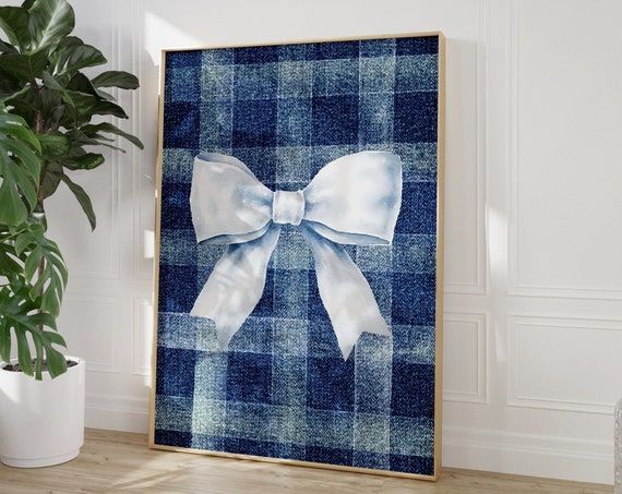 Blue Bow Print Demim Blue Wall Art Denim Prints Western Cowgirl Print Retro Cowgirl Art Checkered Wall Art Gift For Teen Girl