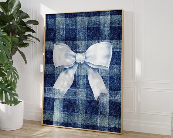 Denim Plaid Blue Check Big White Bow Coquette Western Style Poster