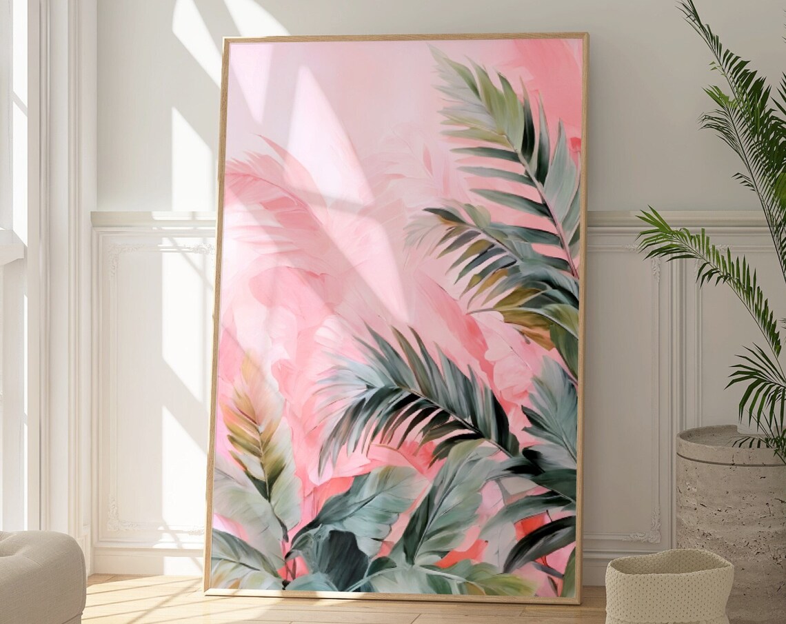Pink Abstract Palm Tree Fronds Soft Watercolor Tropical Wall Decor Poster - Image 4